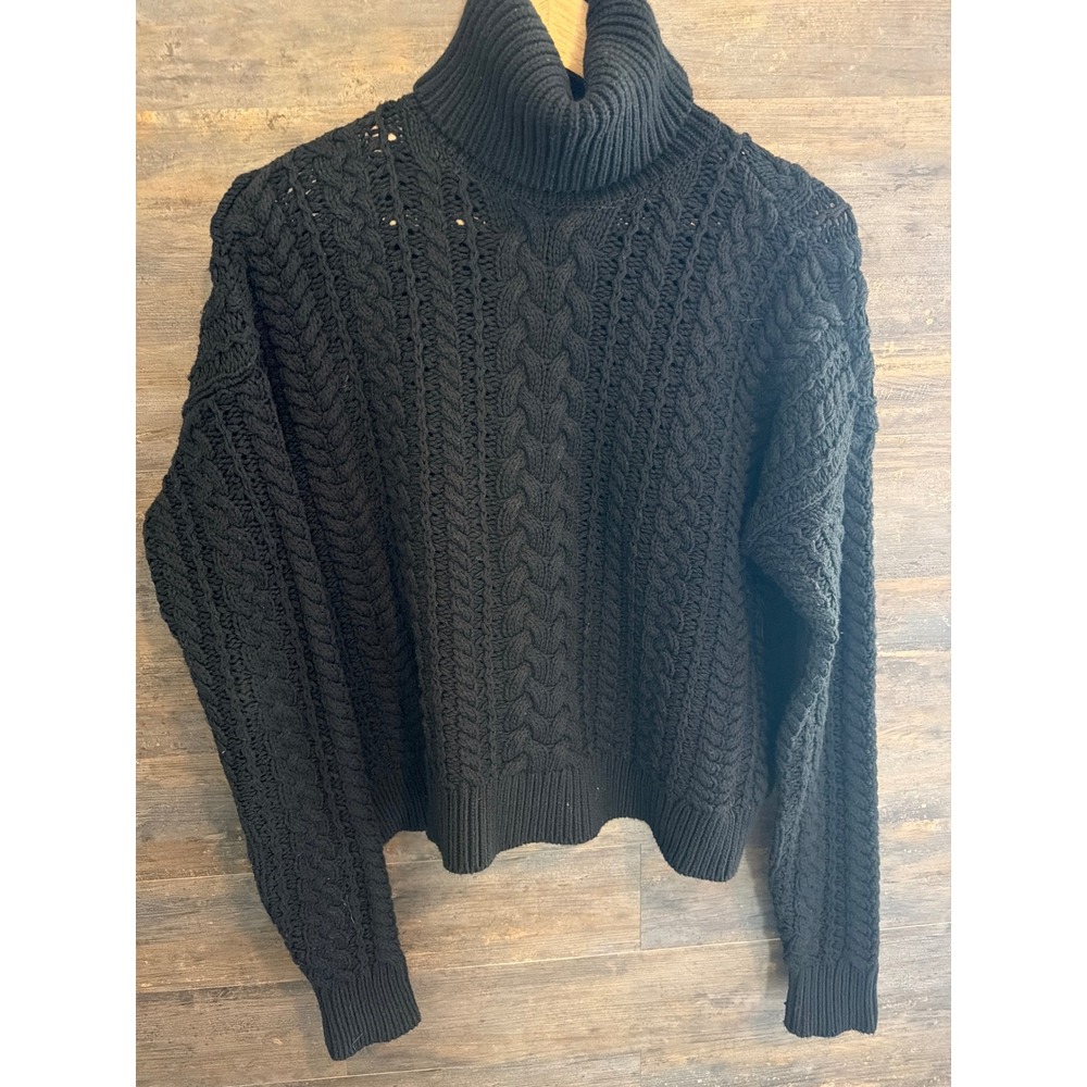 Lauren Ralph Lauren Womens Black Cable Knit Turtleneck Sweater Cotton Blend M